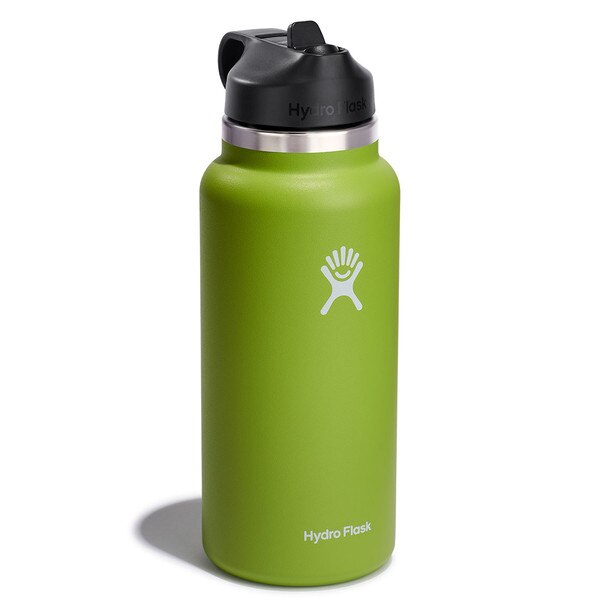 A light green 32 ounce stainless steel Hydroflask water bottle with straw lid and handle strap.